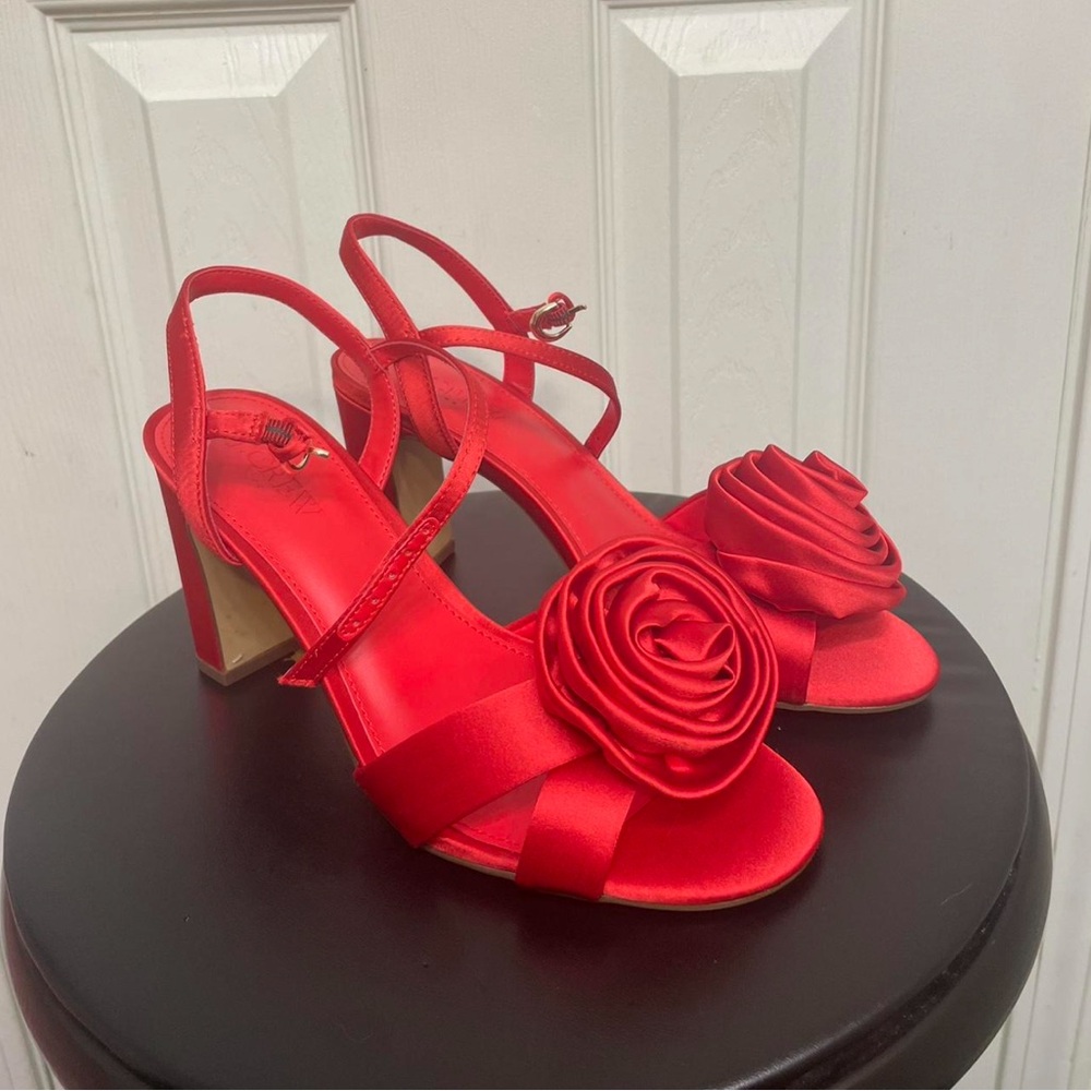 Elegant Red Satin Heels with Floral Accent